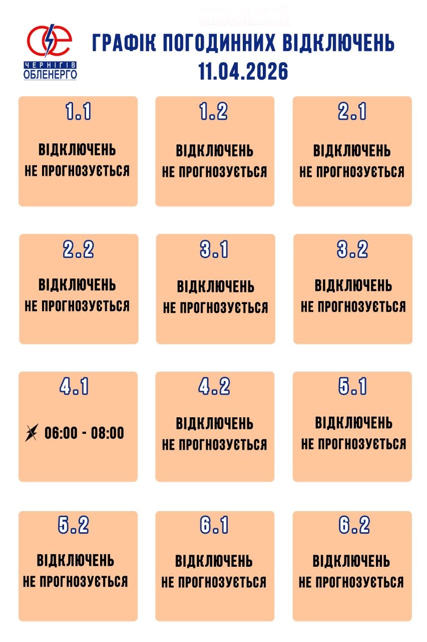 Графік погодинних відключень електроенергії на 11 квітня 2026 року