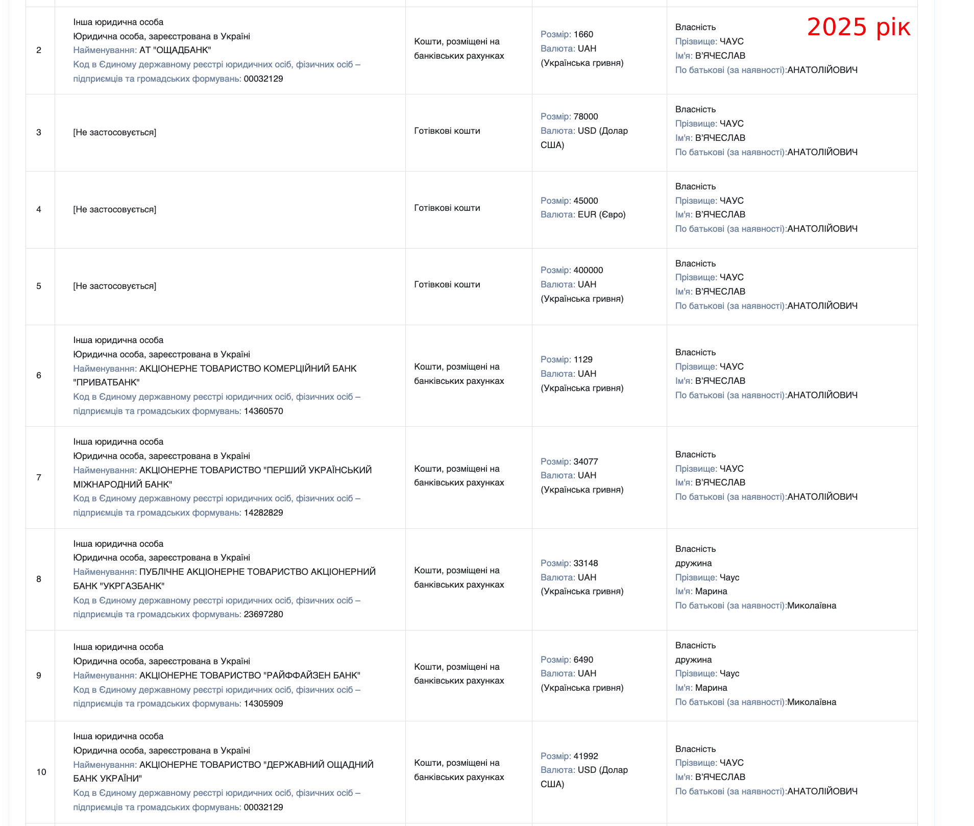 Декларація В'ячеслава Чауса 2025 рік